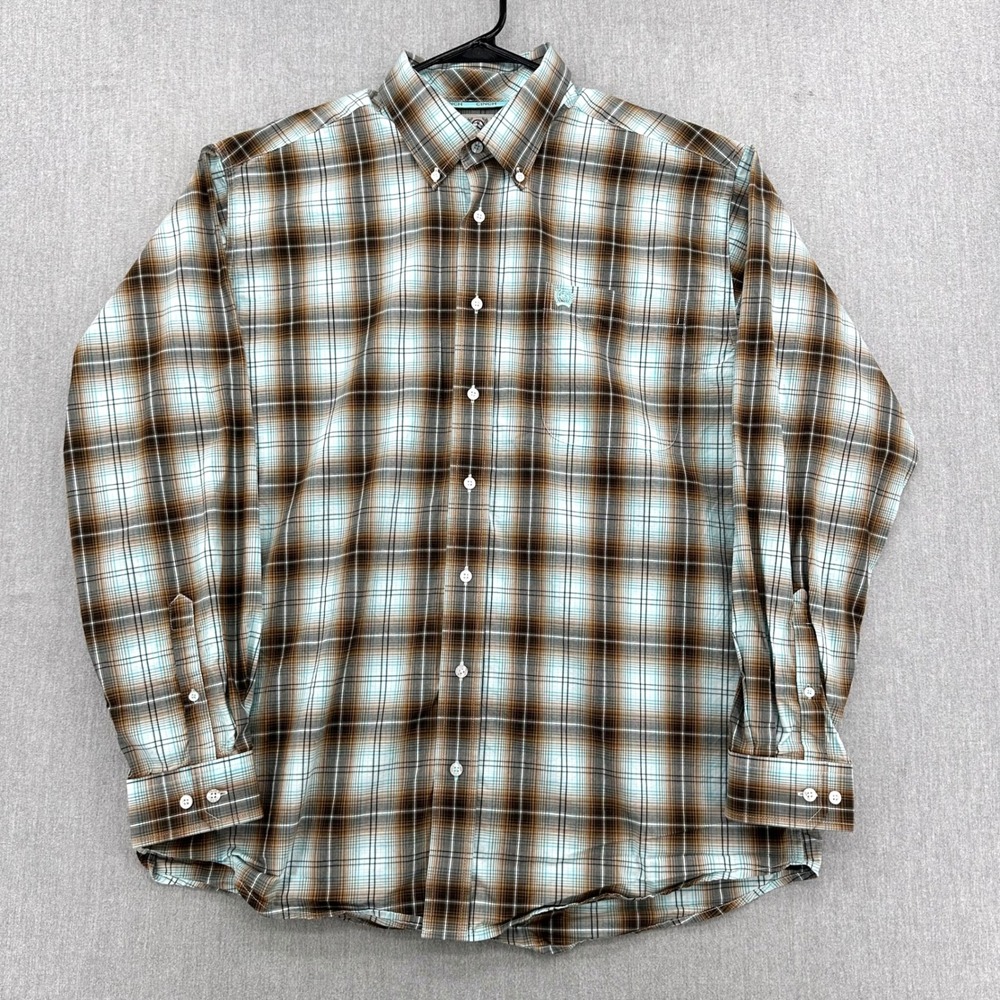 Cinch Button Down Men Medium Brown Teal Plaid Western Shirt Long Sleeve Cotton